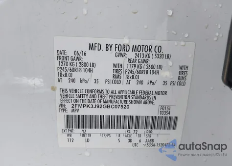 2016 Ford Edge Sel z USA, uszkodzony, nr VIN 2FMPK3J92GBC07520